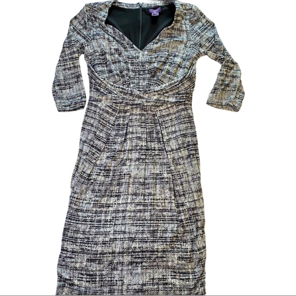 NYDJ Women Black & White Marled at Knee Faux Wrap 3/4 Sleeve Dress Sz 8 Lined